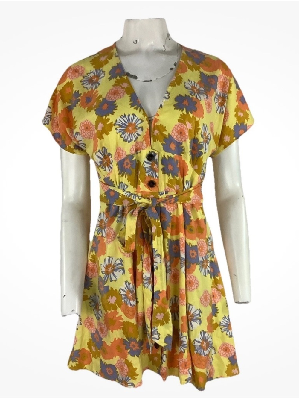 Marine Layer Sz S Hemp Blend Floral Print Tie Waist Sun Summer Spring Dress